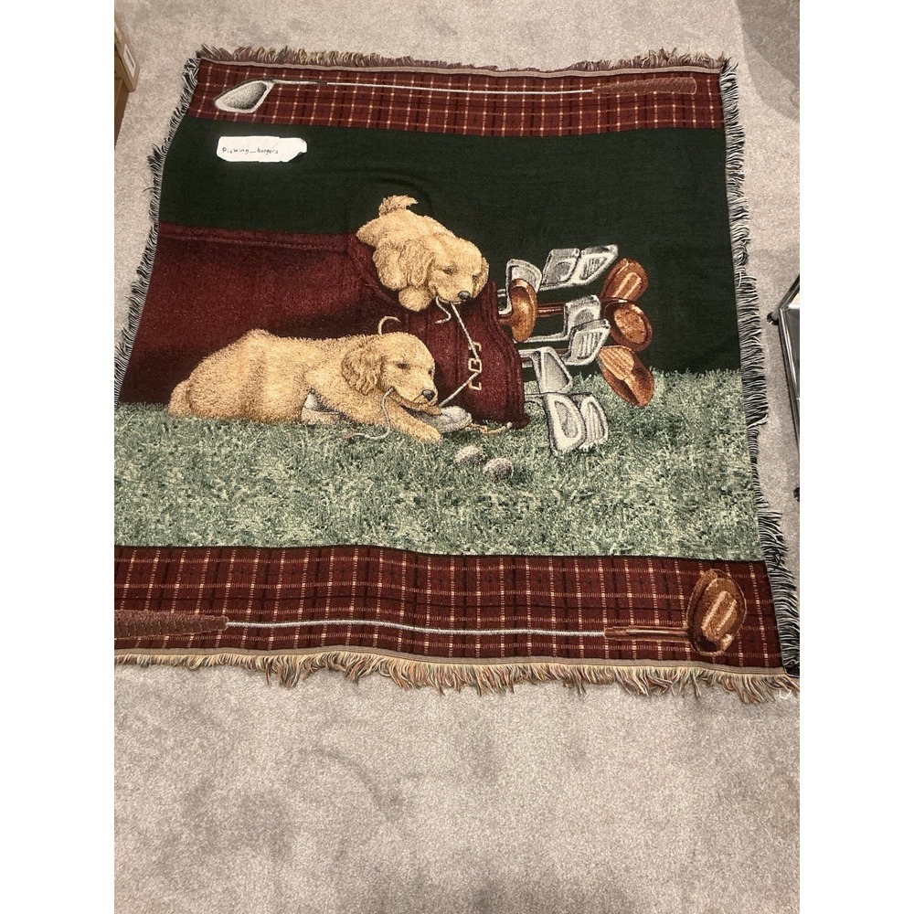 Two Puppy Golden Retriever and golf themed tapestry throw blanket
